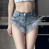 Vevesc American Sexy Feather Patchwork Jeansfor Women Y2k E-Girl High Waist Bodycon Denim Shorts 2024 Spring New Blue Ropa Mujer