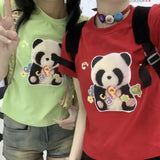 Vevesc Harajuku Cute Panda Print O-neck T-shirts Y2k Grunge Short Sleeve Green Tops Women 2024 Summer New Loose Cotton Tee Shirt