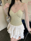 Vevesc 2024 Summer New Korean Polka Dot Mesh Casual Long-sleeved Shirt Women + Sexy Camisole + Pleated Cake Skirt Three-piece Suit