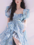 Vevesc Blue Floral Evening Party Long Dress Women Beach Summer Vintage Elegant Dresses Female Chiffon Korean Sweet Princess Dress