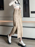 Vevesc PU Leather Skirts High Waist Heavy Rivet Forked Solid Color Female Slim Skirt Y2k Harajuku Vintage Women Clothing Spring Autumn