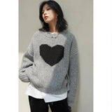 Vevesc O Neck Heart Print Gray Women Sueter Mujer Streetwear Knitted Oversize Y2k Tops Pullover Sweaters Long Sleeve American Vintage