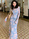 Vevesc Blue France Elegant Two Piece Set Women Floral Print Party Long Dress Set Female Slim Korean Fashion Dress Suit Autumn New