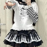 Vevesc Harajuku Punk Black White Piano Keys Skirts Vintage Wave Point Lace Skirt for Women Y2k Grunge Ruched A-line Faldas Mujer