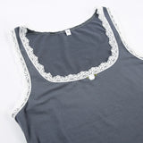Vevesc  Patchwork Lace Trim Y2K Two Piece Sets Womens Sleeveless Square Collar Skinny Crop Top And Solid Flared Pants Tracksuits