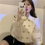 Vevesc Elegant White Shirts Women Korean Ruffles Bandage Crop Tops Vintage Sweet Flare Long Sleeve Double Breasted Slim Blouses