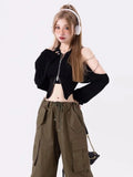 Vevesc Y2k Kpop Black Crop Tops Women Korean Fashion Streetwear Zipper T Shirts Off Shoulder Tees Aesthetic Grunge Cardigans