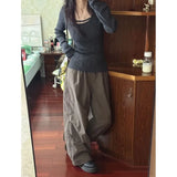 Vevesc Korean Simple O-neck Gray Loose Knitted Tops Women Y2k E-Girl Slim Fit Black T-shirts 2024 Summer New Long Sleeve Clothing