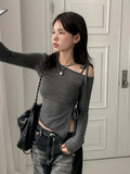 Vevesc Women Y2k Aesthetic Skew Collar Tops Harajuku Split Drawstring Pleated Vintage T-Shirts Streetwear Sexy Autumn  Slim Fit Tshirt