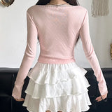 Vevesc Jacquard Knit Top Pink White Bow Decorate Lace Stitching Square Collar Tops Autumn Spring Slim-fit Tees Cute