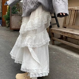 Vevesc  Lace Ruffles Sweet Long Skirts Spring Autumn Korean Fashion Retro Faldas Mujer Elegant High Waist Solid Women Skirt
