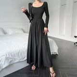 Vevesc  Hepburn Style Fashion Elegant Women A Line Dress Summer Elastic Slim Long Sleeve Midi Dress High Waist O Neck Pleated Dress