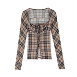 Vevesc Checkered Square Collar Mesh Shirt for Women Summer Slim Fit Long Sleeved T-Shirt Top Retro Elastic Sexy Bodysuits