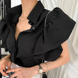 Vevesc Fashion Lapel Neck Single Breasted Blouses Summer New White Shirts Women Y2k Grunge Puff Sleeve Slim Fit Blusas Mujer