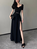 Vevesc Summer Black Vintage Two Piece Skirt Set WomenDesigner Party Midi Skirt Suit Femake Korean Fashion Elegant Split Skirt Set