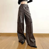 Vevesc Brown Classic  leather Retro All-match Casual High Street Fashionable Cool Confident Youth Hip-hop Women Autumn Straight Leg Pants