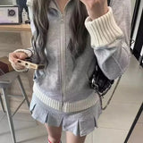 Vevesc American Patchwork Lapel Neck Knitted Cardigan Jacket+ Y2k High Waist All-match Ruched Skirts Autumn New Two Piece Sets