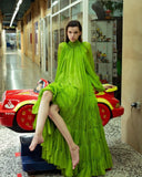 Vevesc Fashion Light Green Puff Sleeves Long Chiffon Women Maxi Dresses Open Black High Collar Big Bow A-line Female Maxi Gowns