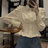 Vevesc Vintage Folds Shirts Women Korean Ruffles Puff Long Sleeve Crop Tops Streetwear Preppy Slim All Match Blouses Spring New