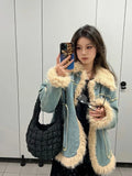 Vevesc Harajuku Vintage Y2k Jackets Warm Thicken Downy Long Sleeve Design Denim Coats Winter Casual Loose All Match Women Clothing