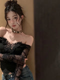 Vevesc Korean Style Off Shoulder T Shirts Women Aesthetic Butterfly Cropped Mesh Tops Sexy Coquette Y2k Kpop Long Sleeve Tees