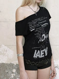 Vevesc Summer Sexy One Shoulder  Y2k Aesthetic T-Shirts Streetwear Vintage Letter Printing Tshirts Harajuku Grunge Oversized Black Tops