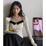 Vevesc Vintage Knitted Sweater Women Square Collar Cropped Pullovers Korean Elegant Slim Knitwear Simple Patchwork Jumpers Tops