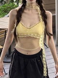 Vevesc Streetwear Backless Vintage Lace Jacquard Tank Women Y2k Aesthetic See Through Top Tanks Summer Grunge Yellow Crop Camisoles