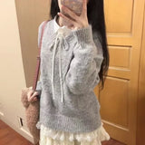 Vevesc Korean Sweet V-neck Lazy Knitted Pullover Autumn New Gray Tops Women Y2k Grunge Long Sleeve Loose Sweaters Mujer