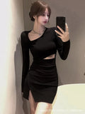 Vevesc Harajuku Street Black Bodycon Dress for Women Summer New Slim Waist Hollow Out Dresses Y2k Grunge Long Sleeve Vestidos Mujer