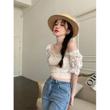 Vevesc Elegant Slash Neck Shirts Women Summer Lace Patchwork Crop Tops Sweet Korean Square Collar Puff Short Sleeve Slim Blouses