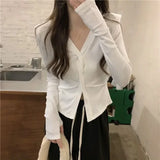 Vevesc Long Sleeve Gray Camisetas Slim Waist Women Bottoming V Neck Irregular Cross Tees Y2k Korean Casual Streetwear Tshirts