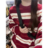 Vevesc Japanese Vintage Red White Striped Sweater Knitted Sueter Mujer Women Tops Y2k Pullovers O Neck Long Sleeve Casual Street