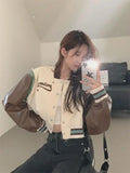 Vevesc American Patchwork Bomber Jackets Retro Short Y2k Women Preppy Style Outerwear Long Sleeve Letter Contrast Color Coats O Neck