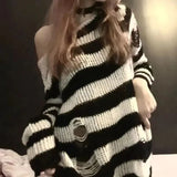 Vevesc Sexy Hollow Out Striped Long Sweaters Punk Gothic Cool Hole Broken Jumpers Over Size Loose Rock Dark  Pullovers Sweaters