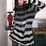 Vevesc Gothic Sweater Women Knitted Grunge Striped Pullovers Punk Hollow Out Loose Jumper  Alternative Clothing Emo Long Sleeve Y2k Top