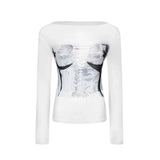 Vevesc Grunge Y2k T-shirts Women Off Shoulder Sexy Graphic Crop Long Sleeve Tees Harajuku Aesthetic Japanese Gyaru Streetwear