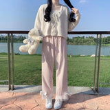 Vevesc Sweet All Match Exquisite Embroidery Bow Appliques Long Pants Y2k Aesthetic Baggy Wide Leg Trousers Japanese Loose Girl Bottoms