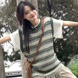 Vevesc Sleeveless Knitted Vest Women Striped Hollow Out Tassel Sweaters Vintage Harajuku Casual Outwear Korean Loose Jumpers Coat