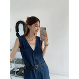 Vevesc Denim Overalls Women Streetwear Cargo Jumpsuits High Waist Sleeveless Wide Leg Suspender Pants Loose Casual Straight Jeans