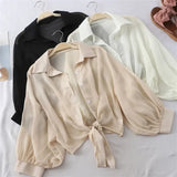 Vevesc Chiffon Shirts Women Summer Half Sleeve Buttoned Up Shirt Loose Casual Blouse Tie Waist Elegant Blouses for Women Blouse