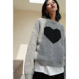 Vevesc O Neck Heart Print Gray Women Sueter Mujer Streetwear Knitted Oversize Y2k Tops Pullover Sweaters Long Sleeve American Vintage