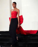 Vevesc Couture Black&Red Stretchy Long Evening Dresses With Big Bow Strapless Fashion Formal Party Dress Maxi Gowns