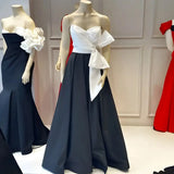 Vevesc Classic Contrast Colored A-line Long Evening Dresses With Big Bow And Crystal Elegant BlackAnd  White Maxi Gowns To Party