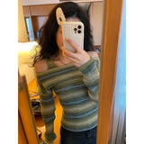 Vevesc Off Shoulder Slim Fit Tops Green Striped Long Sleeve Knitted Pullover+ Autumn New Bottoming Vest Y2k E-Girl Two Piece Sets