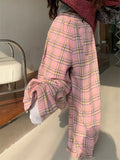 Vevesc Y2K Pink Plaid Pants Women Korean Fashion Winter Checked Trousers Oversized Harajuku Vintage 90s Wide  Leg Pantalones