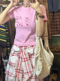 Vevesc  Plaid Skirts Women Bow Bandage Stretch High Waist Vintage Summer Fashion Loose Sweet Female Skirt Casual Chic
