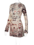 Vevesc  Casual Lace-Up Y2k Dresses One Piece Sexy Short Round Neck Long Sleeve Streetwear Slim New Vintage Print Patchwork Summer Dress