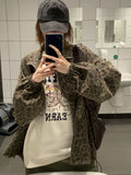Vevesc Harajuku Streetwear Leopard Jackets Women Y2k Aesthetic Zipper Casual Drawstring Coats Grunge Loose Vintage Streetwear Tops