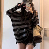 Vevesc Gothic Striped Sweaters Women Off Shoulder Punk Knitted Pullover Harajuku Y2k Long Sleeve Sweaters Grunge Streetwear